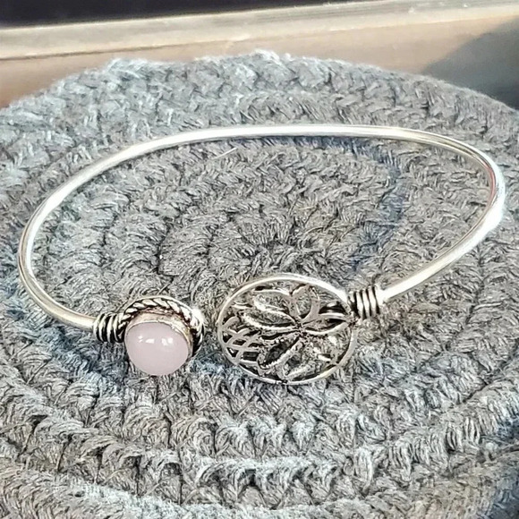 Handcrafted Opalite Gemstone Lotus Circle Sterling Silver Overlay Cuff Bracelet - Picture 3 of 7